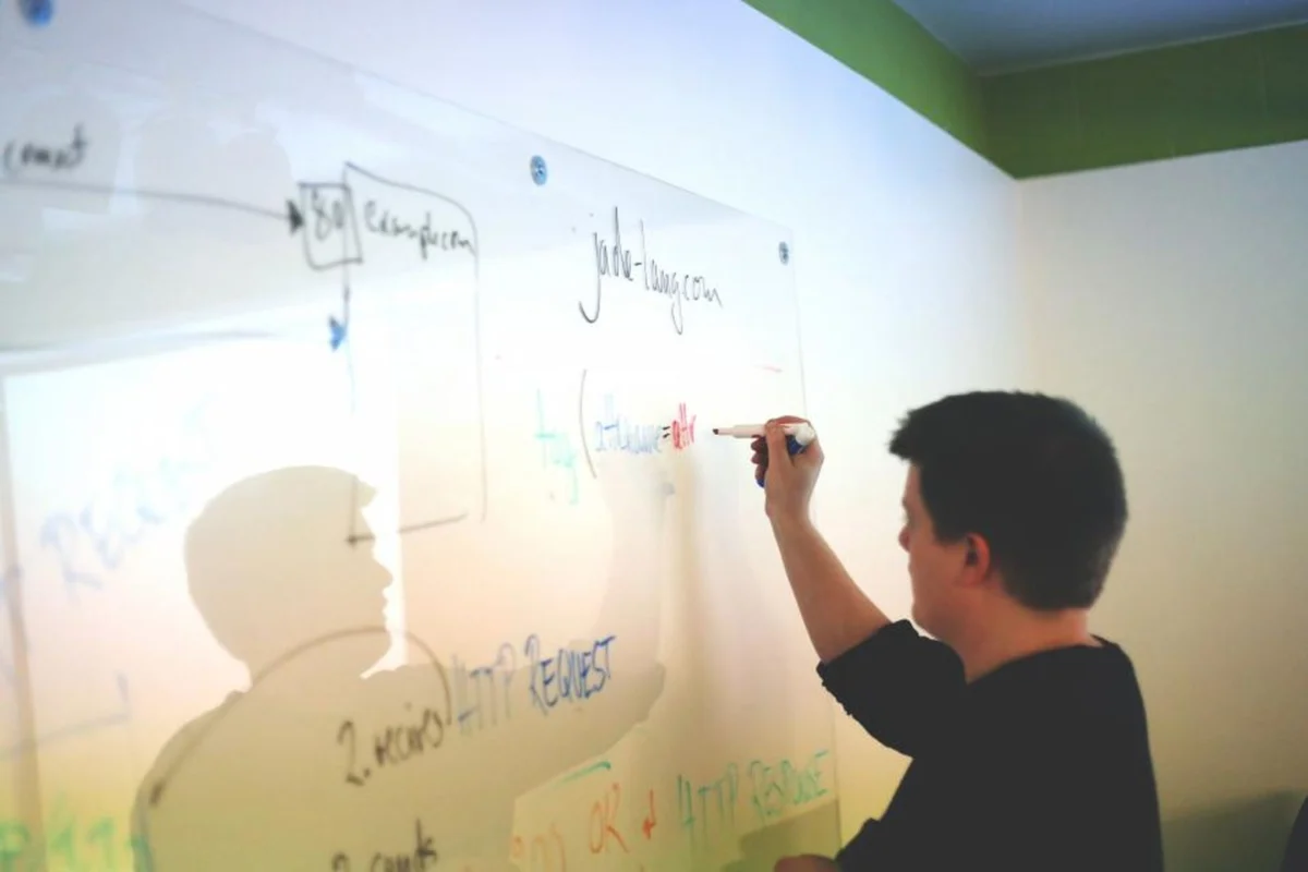 Ein Mann plant an einem Whiteboard